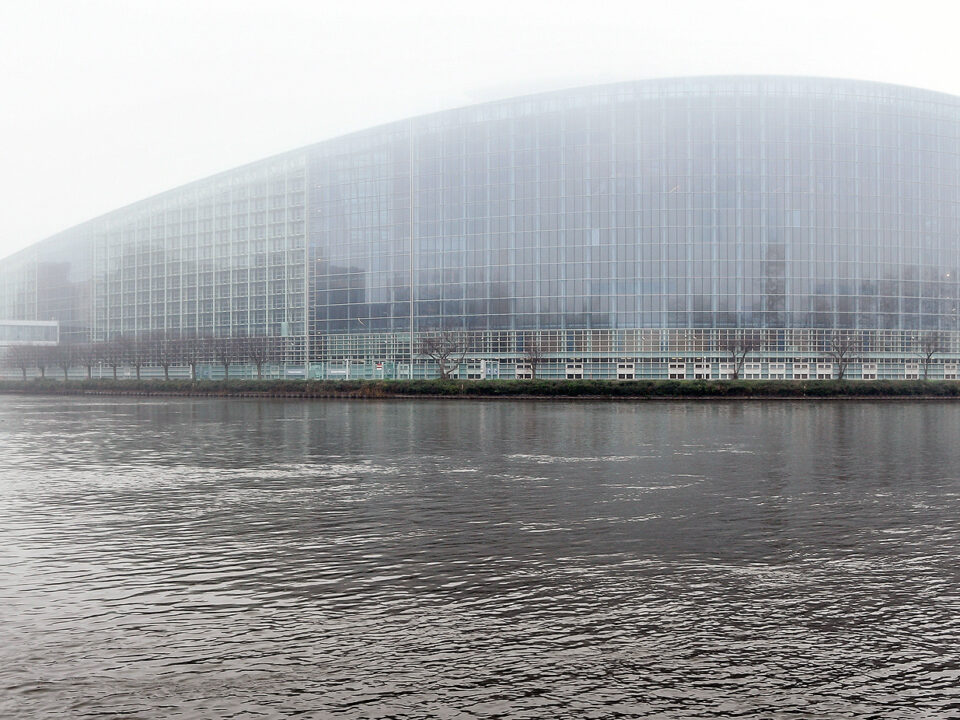 Europäisches Parlament im Hintergrund, vorne ein Fluss, das Wetter ist nebelig