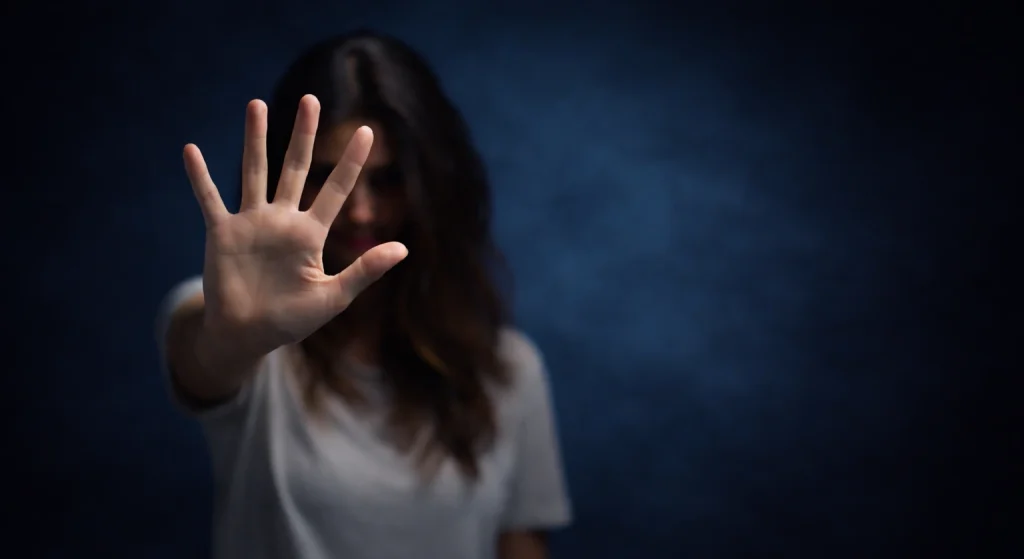 abwehrende Hand einer Frau vor dunklem Hintergrund