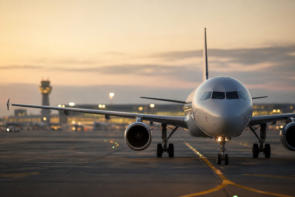 Flugzeug am Flughafen in der Abenddämmerung - Symbolbild