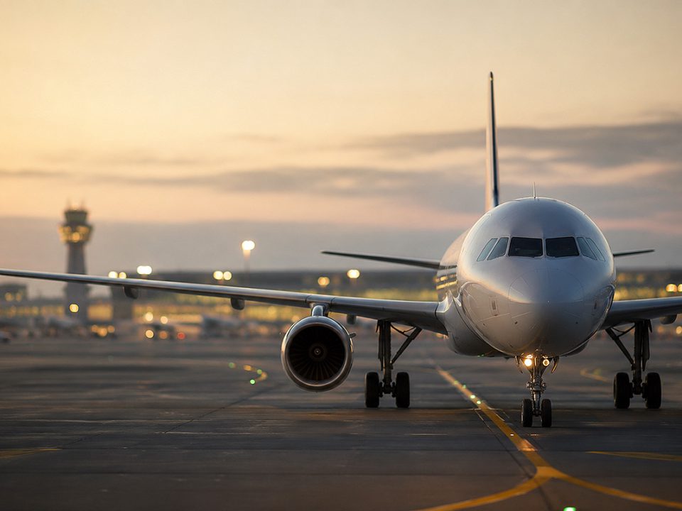 Flugzeug am Flughafen in der Abenddämmerung - Symbolbild