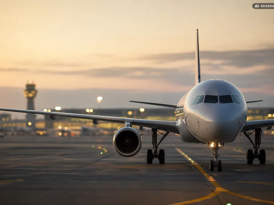 Flugzeug am Flughafen in der Abenddämmerung - Symbolbild - KI generiert